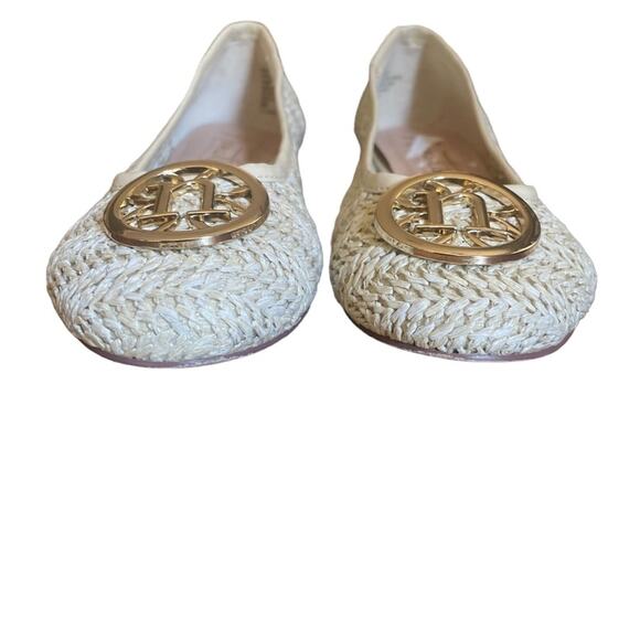 Nanette Lepore Ballet Flats Womens 6 HAYA Weaved Gold Emblem Slip On Shoes Cream - Picture 2 of 10